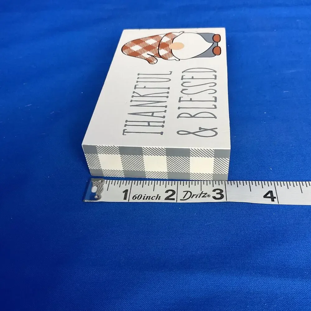 Thankful & Blessed Wooden Block Sign Buffalo Plaid Fall Gnome Thanksgiving Decor